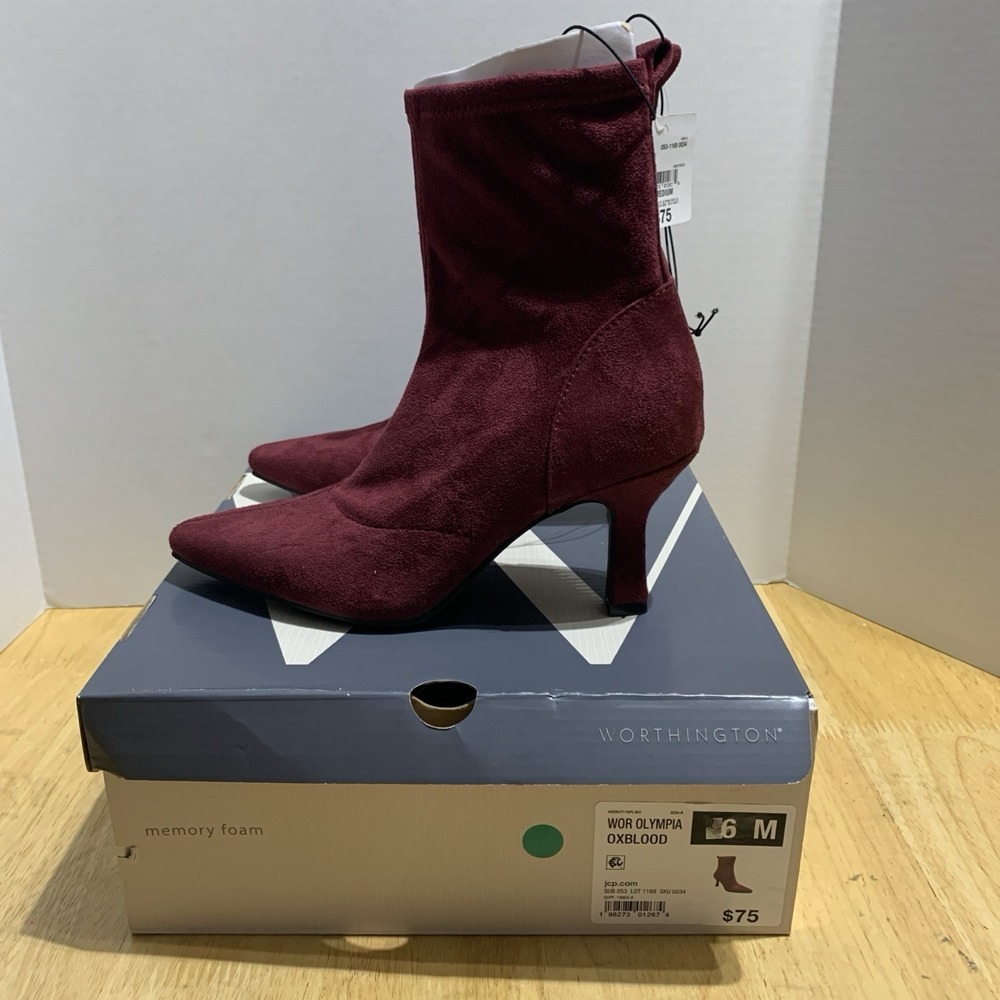 Worthington Olympia Ankle Bootie Womens 6‎ Burgundy Flared Heel Faux Suede NEW